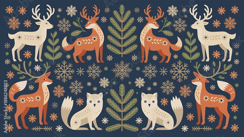 Christmas winter folk art seamless pattern with deer, foxes, and snowflakes, festive design