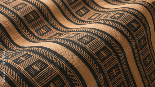 Ethnic wavy fabric pattern with traditional brown and black geometric tribal motifs background