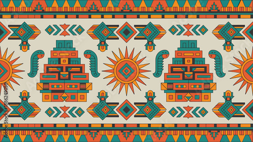 Geometric aztec or maya inspired pattern with pyramids sun signs and serpent motifs