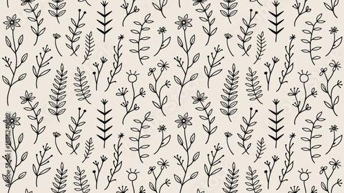Herbal seamless pattern with hand drawn botanical plants and flowers in black and white