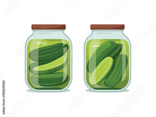 Two jars of pickled cucumber slices with brown lids