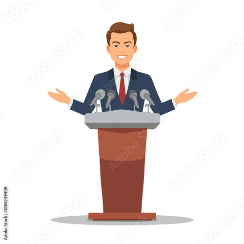 Cartoon man giving speech at podium with multiple microphones.
