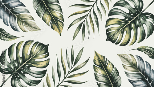 Tropical leaves pattern exotic plants seamless design botanical illustration on light background