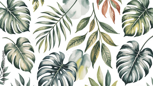 Tropical leaves seamless pattern exotic plants botanical illustration modern design on white background