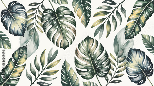 Tropical leaves pattern exotic plants seamless design botanical illustration on light background