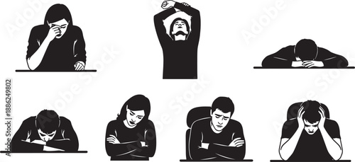 Black Solid Overtime Work Silhouettes Set of Six on White Background