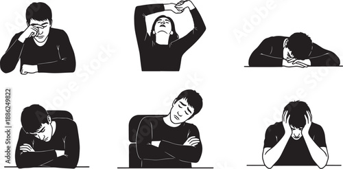 Black Solid Overtime Work Silhouettes Set of Six on White Background