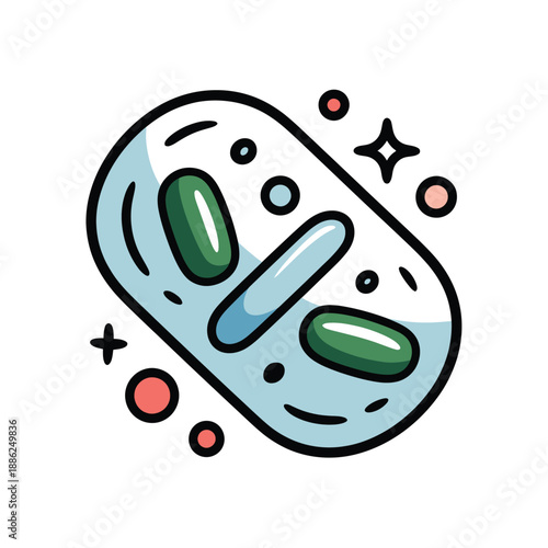 A cartoon illustration of a capsule with green pills inside