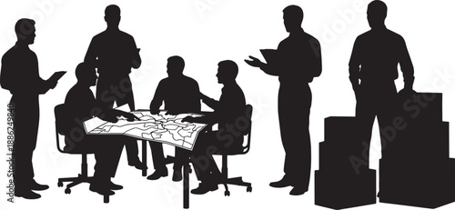 Black Solid Logistics Meeting Silhouettes Set of Six on White Background