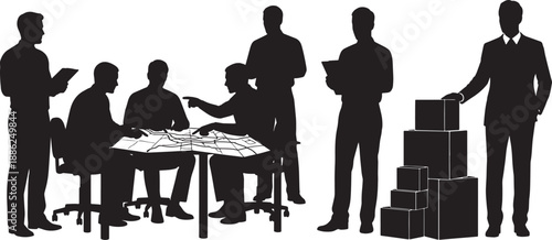 Black Solid Logistics Meeting Silhouettes Set of Six on White Background