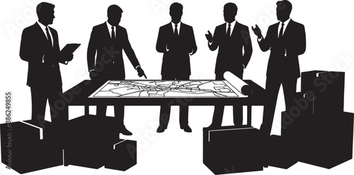 Black Solid Logistics Meeting Silhouettes Set of Six on White Background
