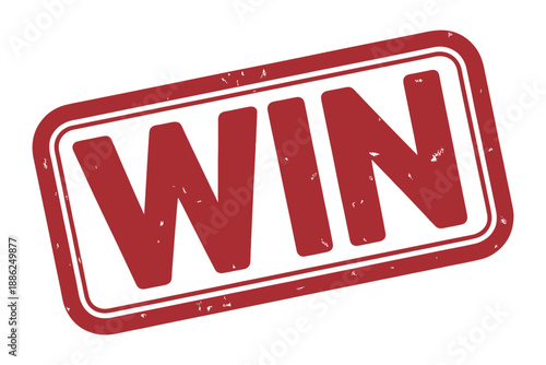 WIN rubber stamp, distressed rectangular grunge style illustration with bold tilted text, approval success marking design.