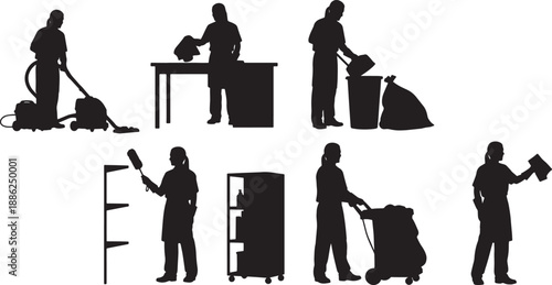 Black Solid Office Cleaning Silhouettes Set of Six on White Background