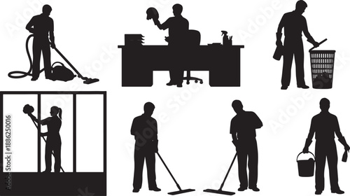 Black Solid Office Cleaning Silhouettes Set of Six on White Background