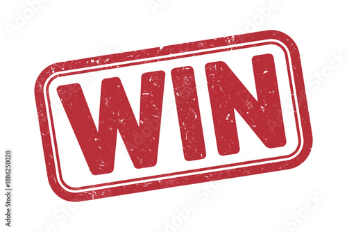 WIN rubber stamp, distressed rectangular grunge style illustration with bold tilted text, approval success marking design.