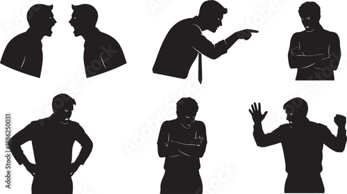 Black Solid Office Conflict Silhouettes Set of Six on White Background