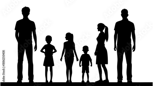 A black silhouette of a family of six standing together on a flat surface against a white background