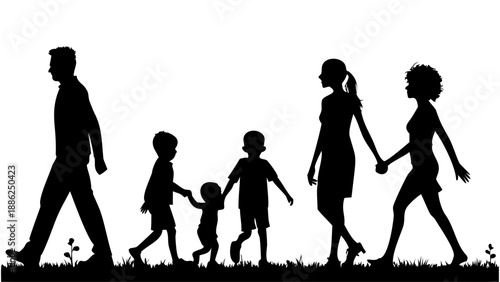 A family of six walking together in a peaceful silhouette against a white background