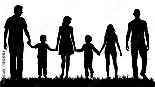 A black silhouette of a blended family holding hands standing on grass