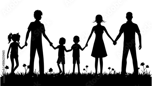 A happy family of six holding hands in a field of flowers silhouette