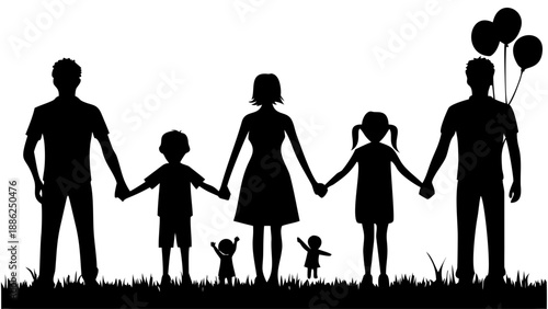 A happy family of six people holding hands in a silhouette against a white background with balloons