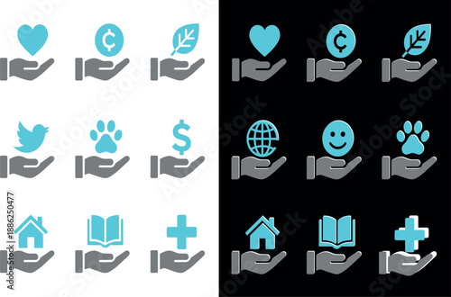 Charity and Donation Icon Set Featuring Hands Holding Heart, Globe, Dollar, Paw, House, Book, Plus, and Leaf Symbols,