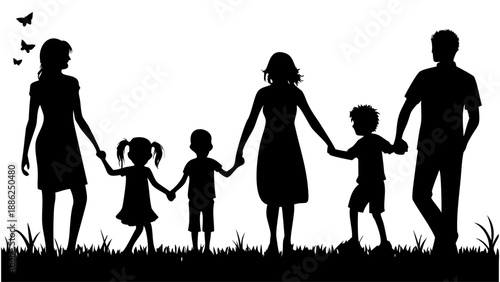 A happy family of six walking hand in hand in a serene silhouette against a white background