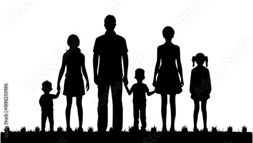 A black silhouette of a blended family of six standing together on a grassy hill