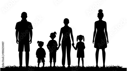 A blended family of six standing together in a silhouette against a white background
