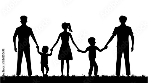 A silhouette of a blended family holding hands in a peaceful and serene environment silhouette