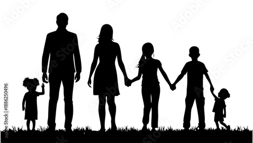 A family of six people walking together in a silhouette against a white background