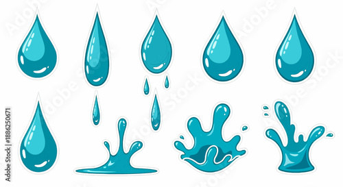 Water drops. Cartoon tears, nature splash elements. Isolated raindrop or sweat, wet droplets of dew shapes. Isolated aqua vector icons. Rain and wet drop, droplet shape aqua blue illustration