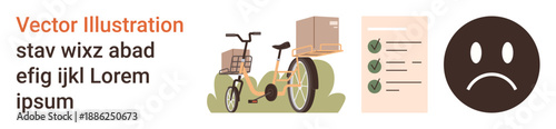 Logistics, delivery services, task management, emotions, success indicators, failure feedback. Bicycle loaded with packages, checklist sad face icon. Logistics and delivery services conceptual idea