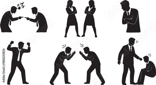 Black Solid Office Conflict Silhouettes Set of Six on White Background