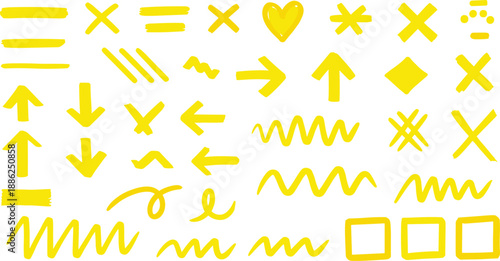 Yellow hand drawn marker symbols and arrows collection with doodle shapes, highlights and graphic annotation elements in vector style