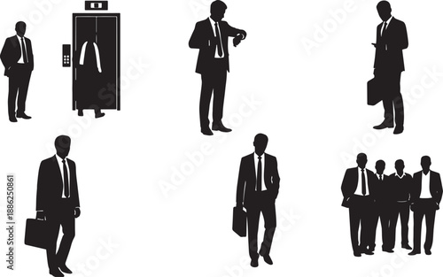 Black Solid Office Elevator Commute Silhouettes Set of Six on White Background