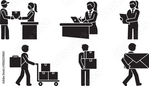 Black Solid Office Delivery Silhouettes Set of Six on White Background