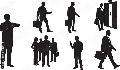 Black Solid Office Elevator Commute Silhouettes Set of Six on White Background