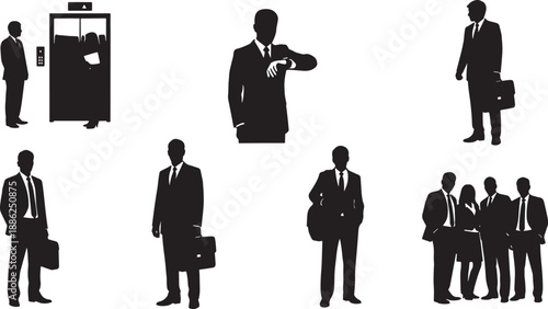 Black Solid Office Elevator Commute Silhouettes Set of Six on White Background