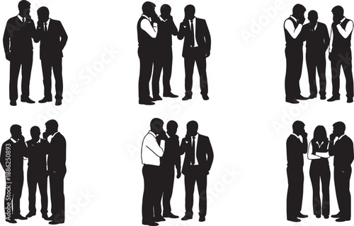 Black Solid Office Gossip Silhouettes Set of Six on White Background
