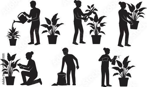 Black Solid Office Plant Care Silhouettes Set of Six on White Background