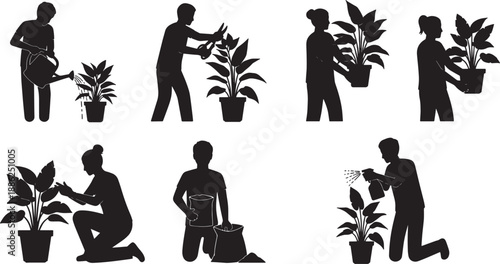 Black Solid Office Plant Care Silhouettes Set of Six on White Background