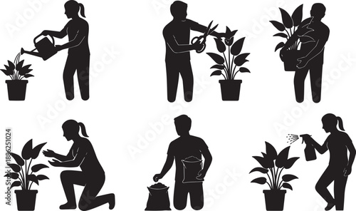 Black Solid Office Plant Care Silhouettes Set of Six on White Background