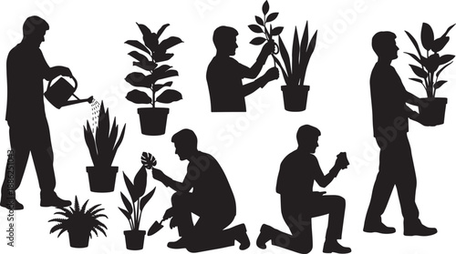 Black Solid Office Plant Care Silhouettes Set of Six on White Background