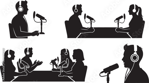 Black Solid Office Podcast Silhouettes Set of Six on White Background