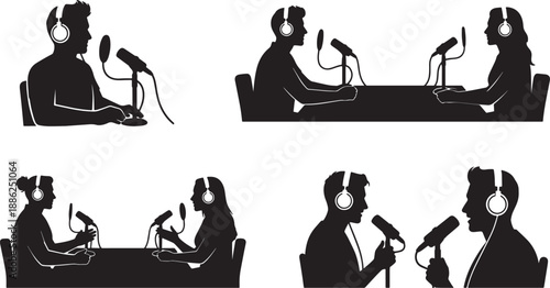 Black Solid Office Podcast Silhouettes Set of Six on White Background