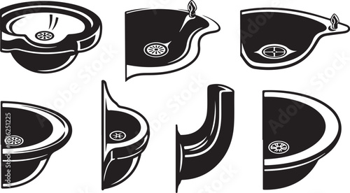 Black and white illustration of various sink designs collection