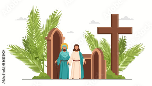 Jesus Christ Standing Near Empty Tomb.