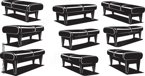 Set of black leather sofas in different positions isolated