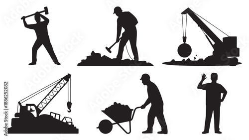 Construction Workers Silhouettes in Various Poses with Heavy Machinery in Dark Dramatic Lighting on White Background for Industrial Illustration